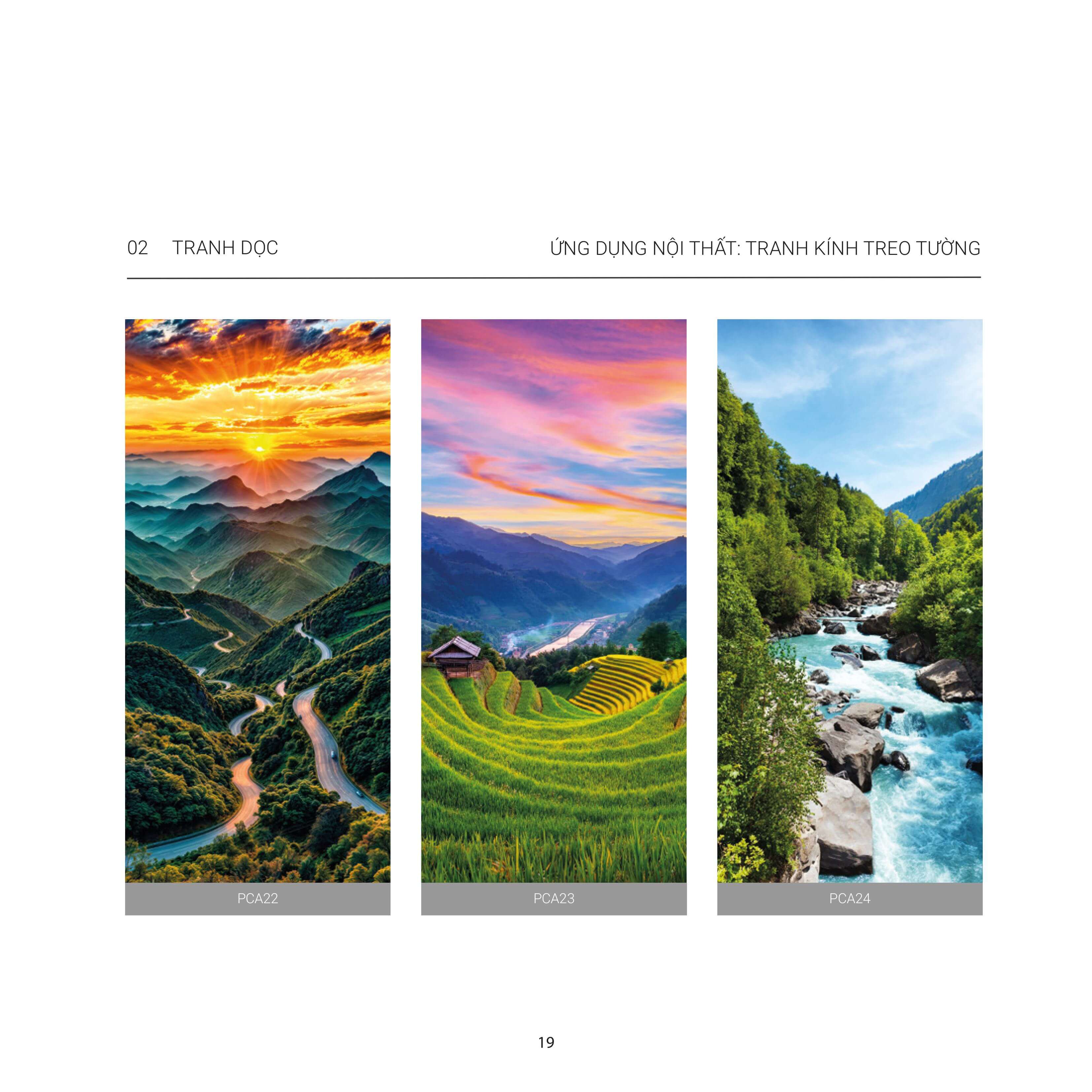 Bộ tranh kính treo tường phong cảnh núi đồi, ruộng bậc thang và suối đá cho trang trí nội thất